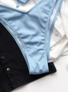Rib Hanky Hem Bikini Set Summer Beach - Baby Blue - View 3