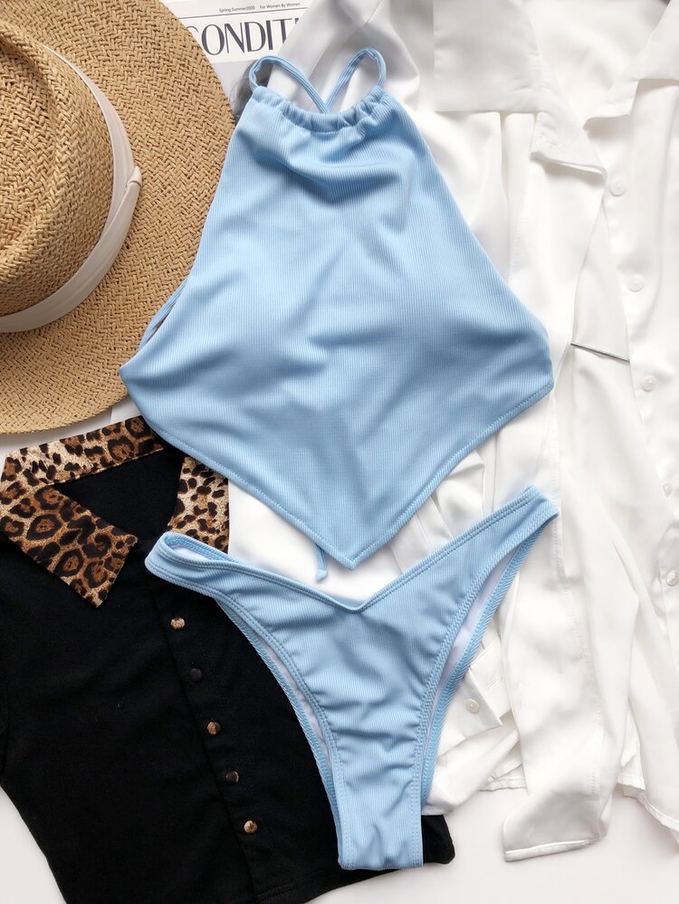 Rib Hanky Hem Bikini Set Summer Beach - Baby Blue - View 5