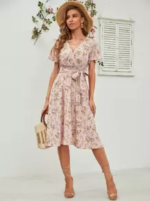 Ditsy Floral Print Belted Dress - Multicolor - View 1