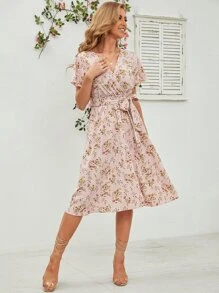 Ditsy Floral Print Belted Dress - Multicolor - View 3