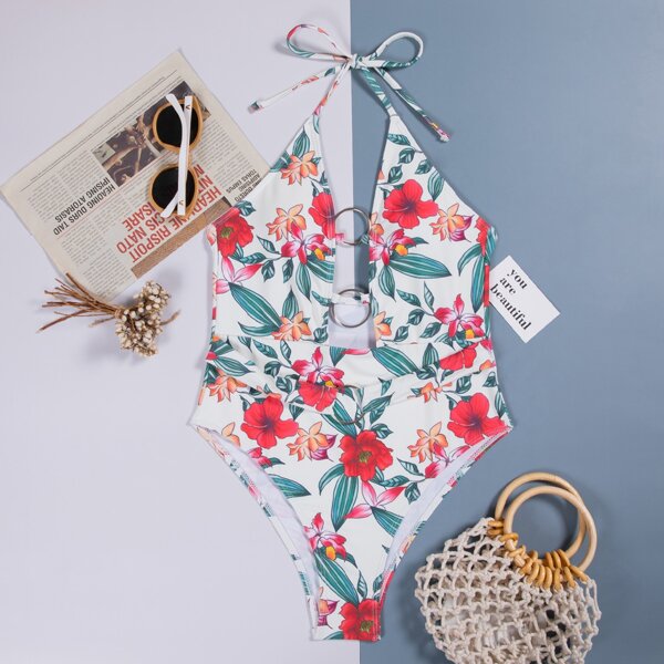 

Floral Graphic Ring Linked Plunging One Piece Swimsuit, Multicolor