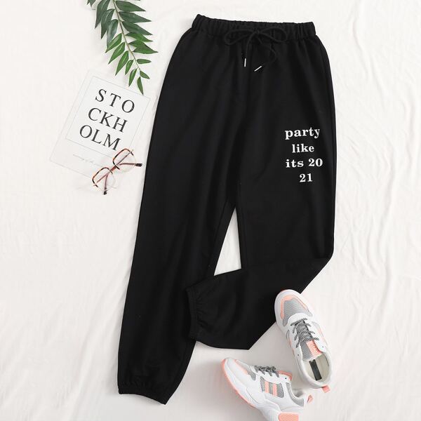 

Letter Graphic Drawstring Sweatpants, Black