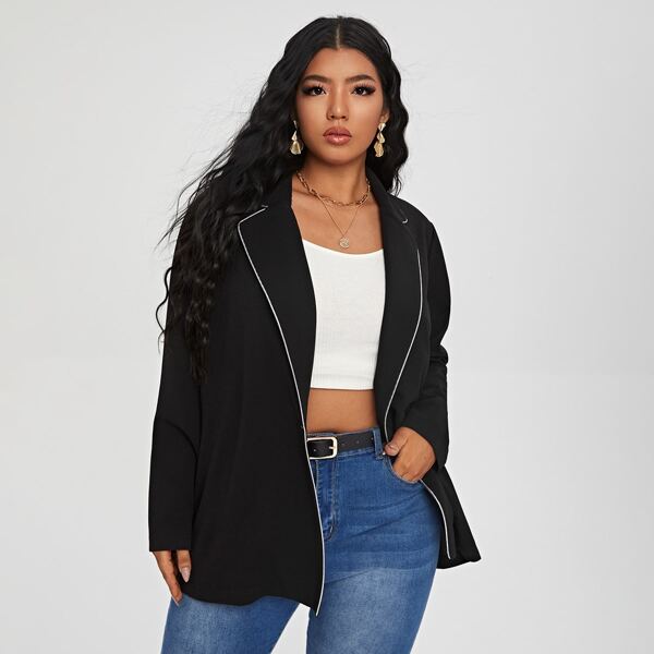 

Plus Contrast Binding Lapel Neck Blazer, Black