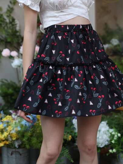 Cherry Print Layered Skirt
