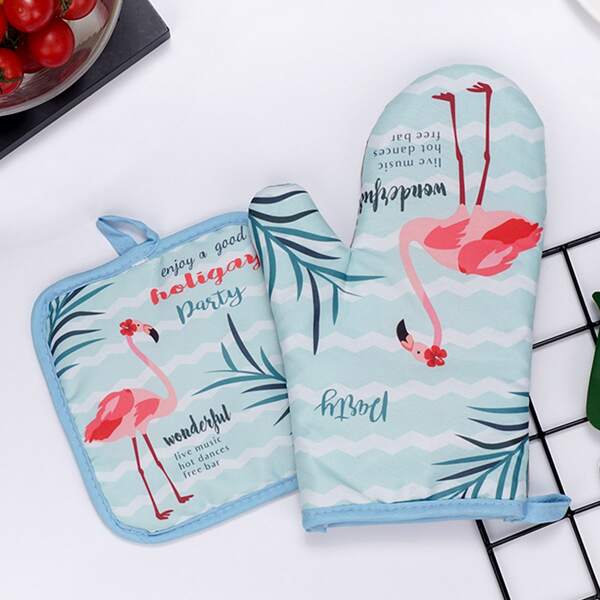 

1pc Flamingo Print Oven Glove & 1pc Heat Resistant Pad, Multicolor