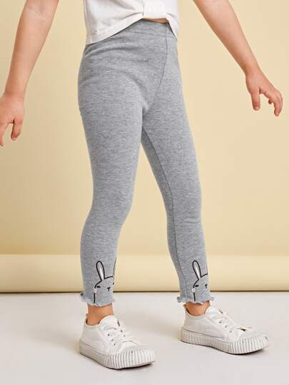 SHEIN Leggings de niña joven con bordado de conejo y ribete de lechuga