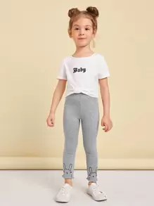 SHEIN Young Girl Rabbit Embroidery Lettuce Trim Leggings Summer Holiday