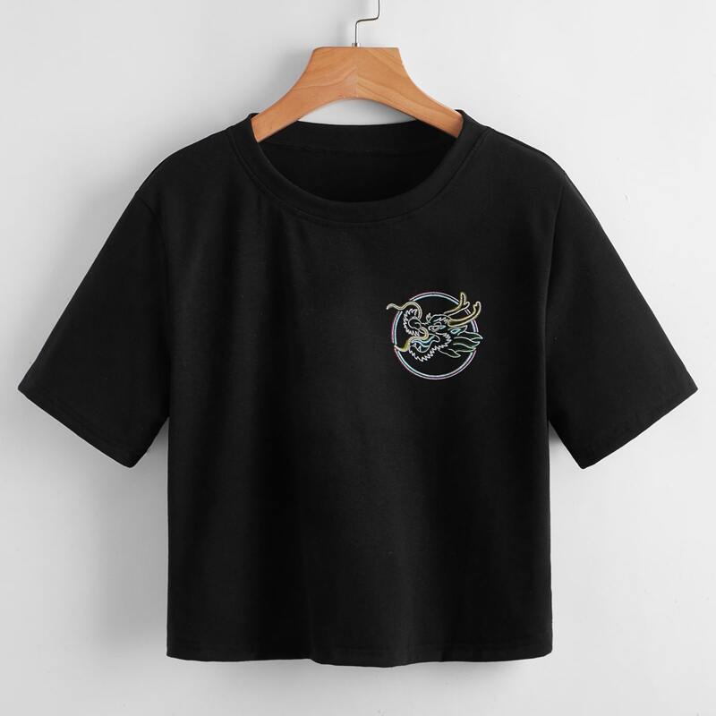 

Chinese Dragon Graphic Crop Tee, Black