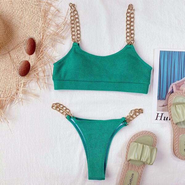 

Rib Chain Linked Thong Bikini Swimsuit, Dark green