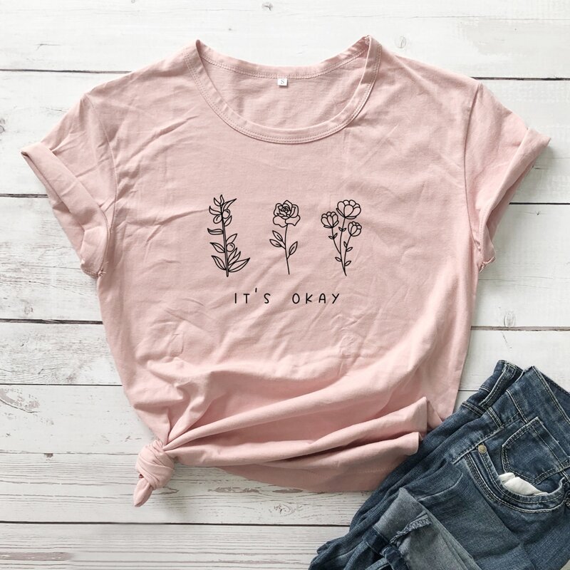 

Floral & Slogan Graphic Tee, Baby pink
