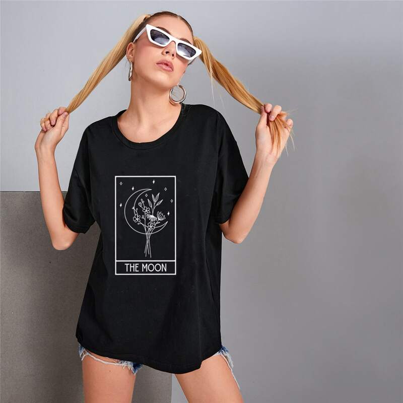 

Flower & Moon Graphic Oversized Tee, Black