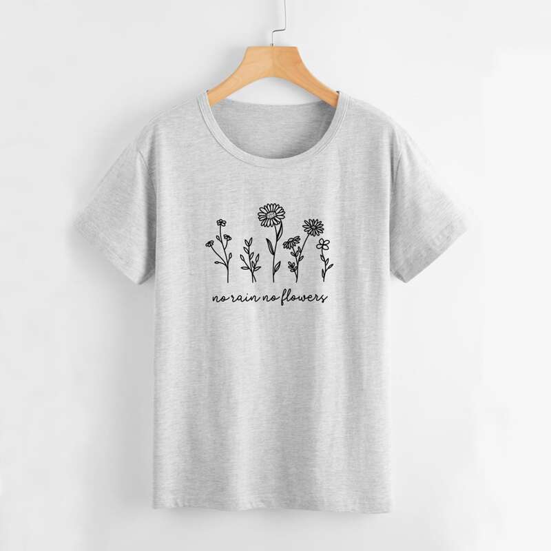 

Floral & Slogan Graphic Tee, Light grey