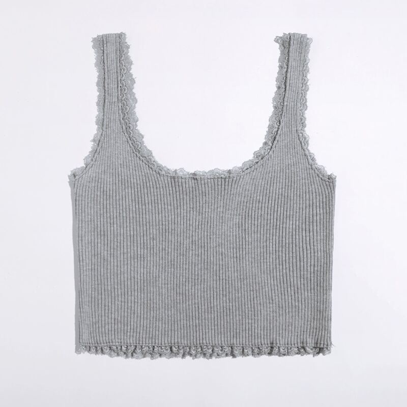

Contrast Lace Ribbed Knit Top, Grey