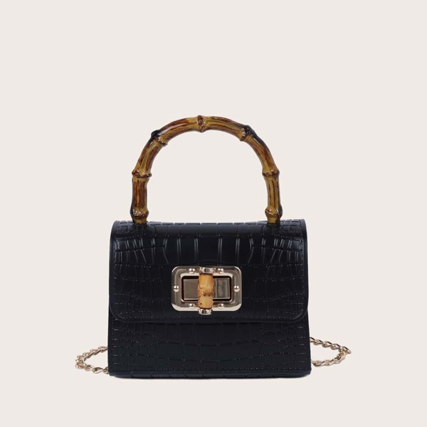 

Croc Embossed Twist Lock Flap Satchel Bag, Black