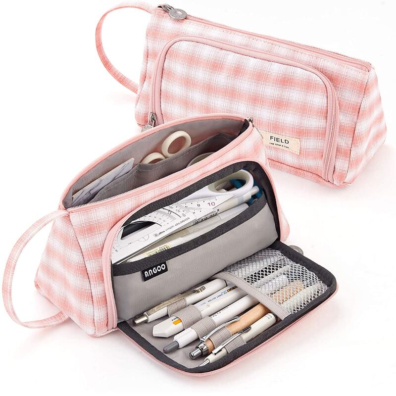 

1pc Plaid Pattern Pencil Bag, Pink