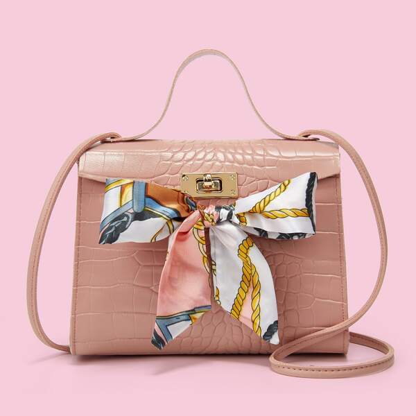 

Twilly Scarf Decor Croc Embossed Satchel Bag, Pink