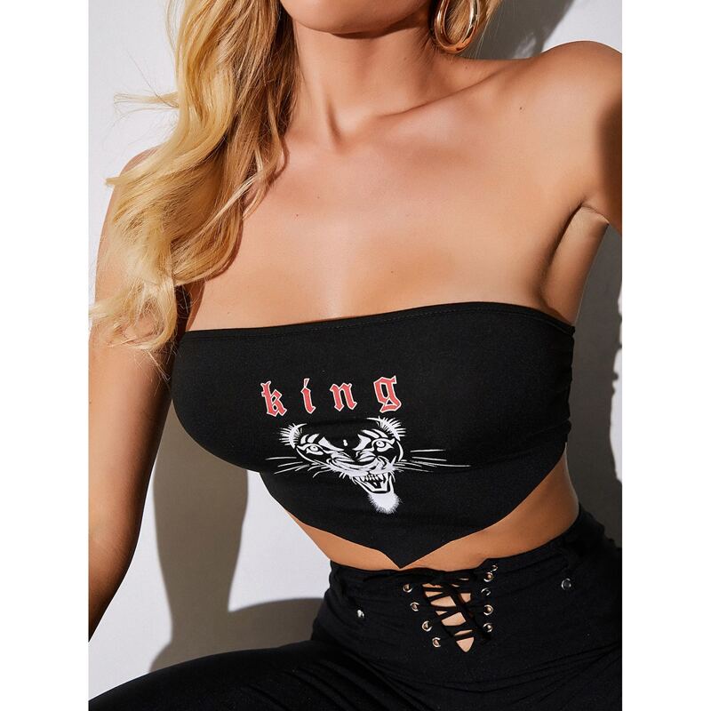 

Letter & Tiger Print Bandeau Top, Black