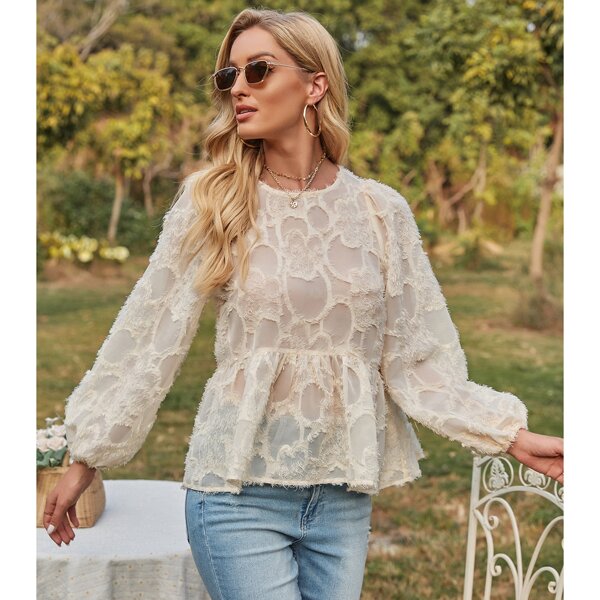 

Chiffon Sheer Bishop Sleeve Peplum Blouse, Beige