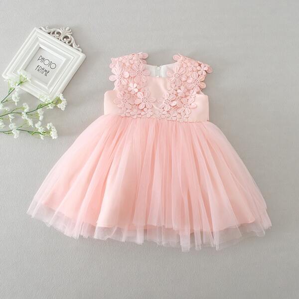

Baby Girl Tie Back Appliques Gown Dress, Baby pink