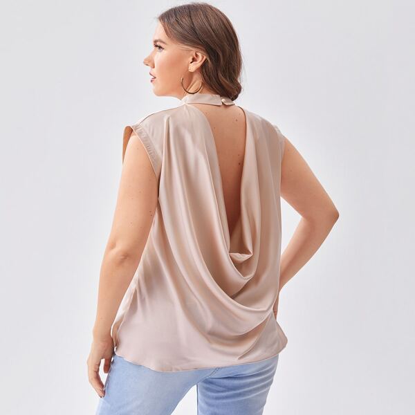

Plus Mock Neck Draped Back Satin Top, Baby pink