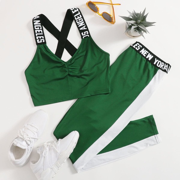 

Crisscross Ruched Top & Contrast Sideseam Pants Set, Green