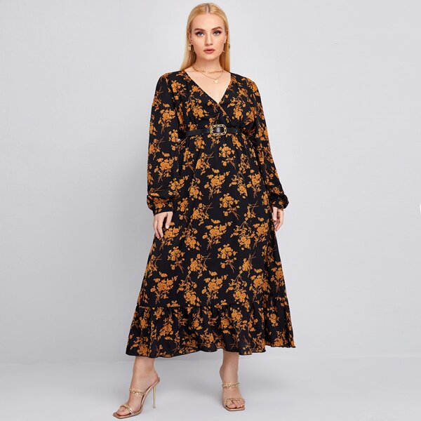 

Plus Surplice Neck Lantern Sleeve Floral Dress Without Belt, Multicolor