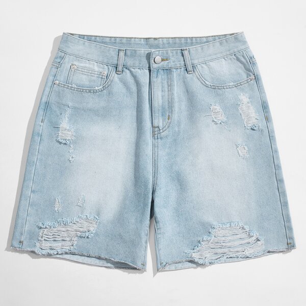 

Men Raw Hem Light Wash Denim Shorts