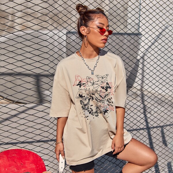 

Butterfly And Letter Graphic Tee, Khaki