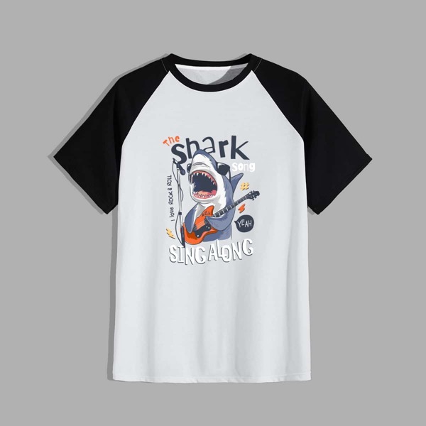 

Men Cartoon Shark Contrast Raglan Sleeve Tee, White