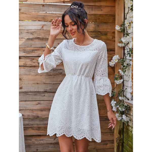

Schiffy Flounce Sleeve Scallop Trim Dress, White