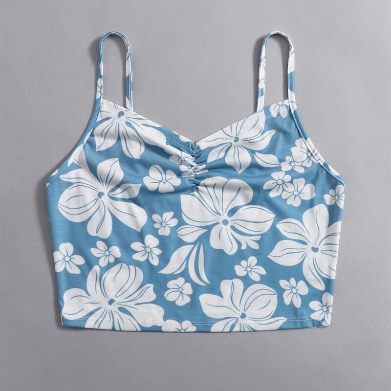 

Ruched Floral Print Crop Cami, Blue and white