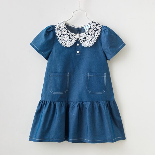 

Girls Contrast Lace Ruffle Hem Denim Dress, Medium wash