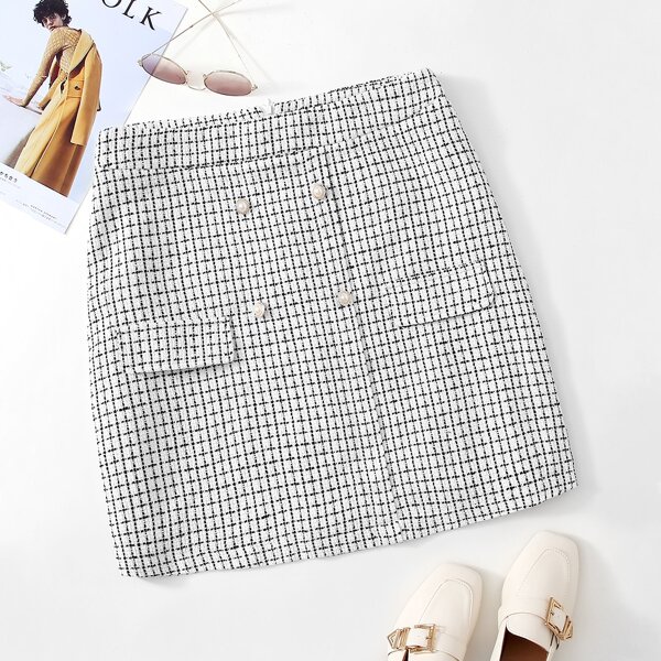 

Plus Double Button Plaid Tweed Skirt, Black and white