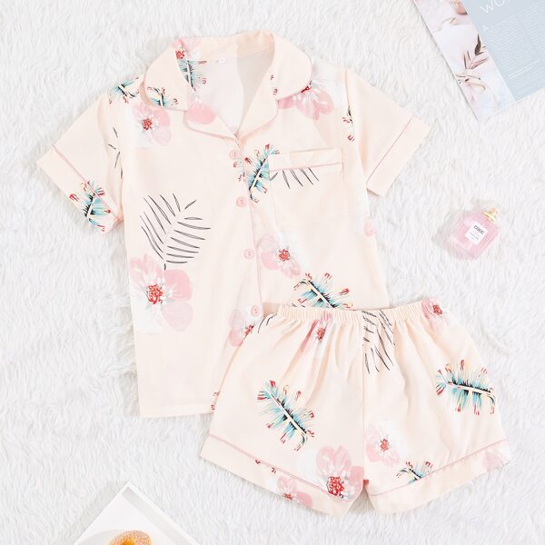 

Plants Print Button Pocket Night Set, Pastel baby pink