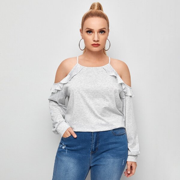 

Plus Ruffle Trim Cold Shoulder Tee, Light grey