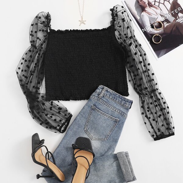 

Plus Dobby Mesh Sleeve Shirred Top, Black