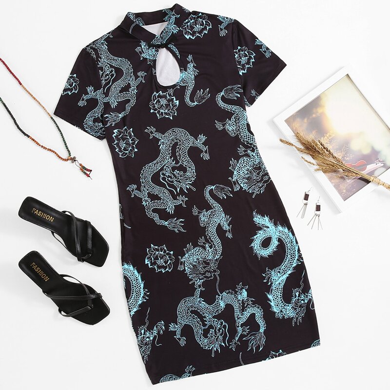 

Chinese Dragon Print Keyhole Bodycon Dress, Multicolor