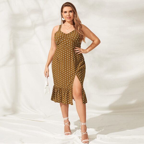 

Plus Polka Dot Slit & Ruffle Hem Dress, Brown