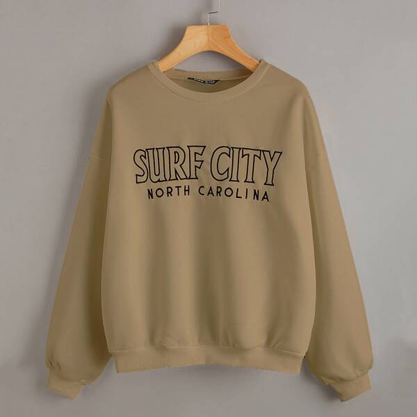 

Drop Shoulder Letter Embroidery Thermal Pullover, Khaki