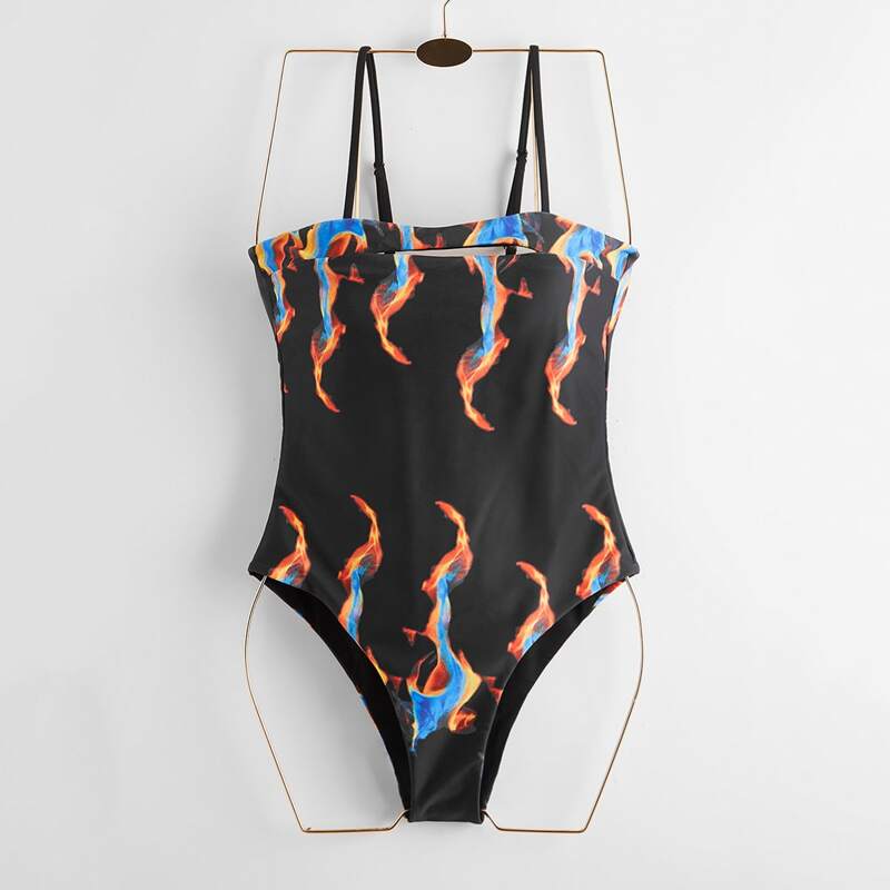 

Fire Graphic Cut Out One Piece Swimsuit, Multicolor