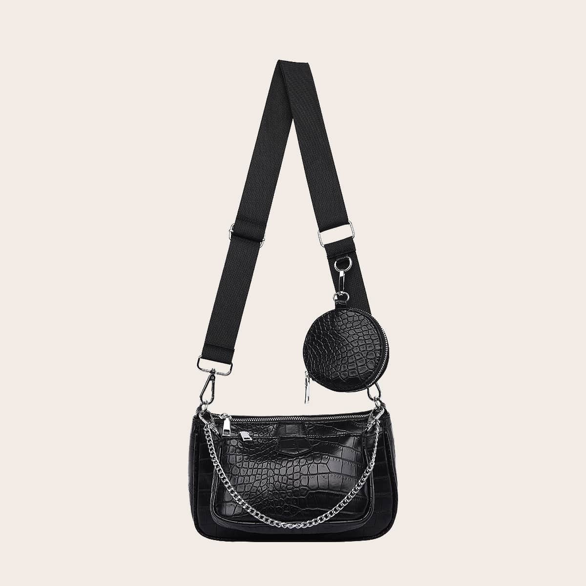 

3pcs Croc Embossed Baguette Bag Set, Black