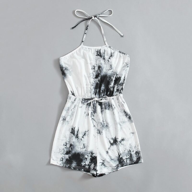 

Tie Dye Halter Romper, Black and white