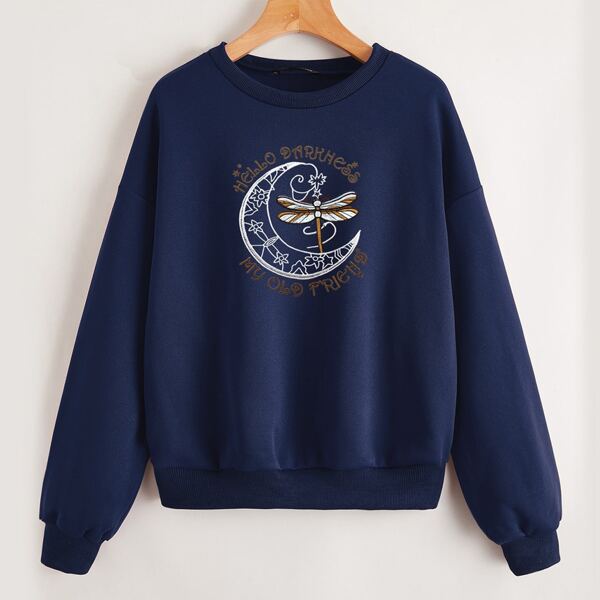 

Slogan & Dragonfly Embroidery Thermal Pullover, Navy blue