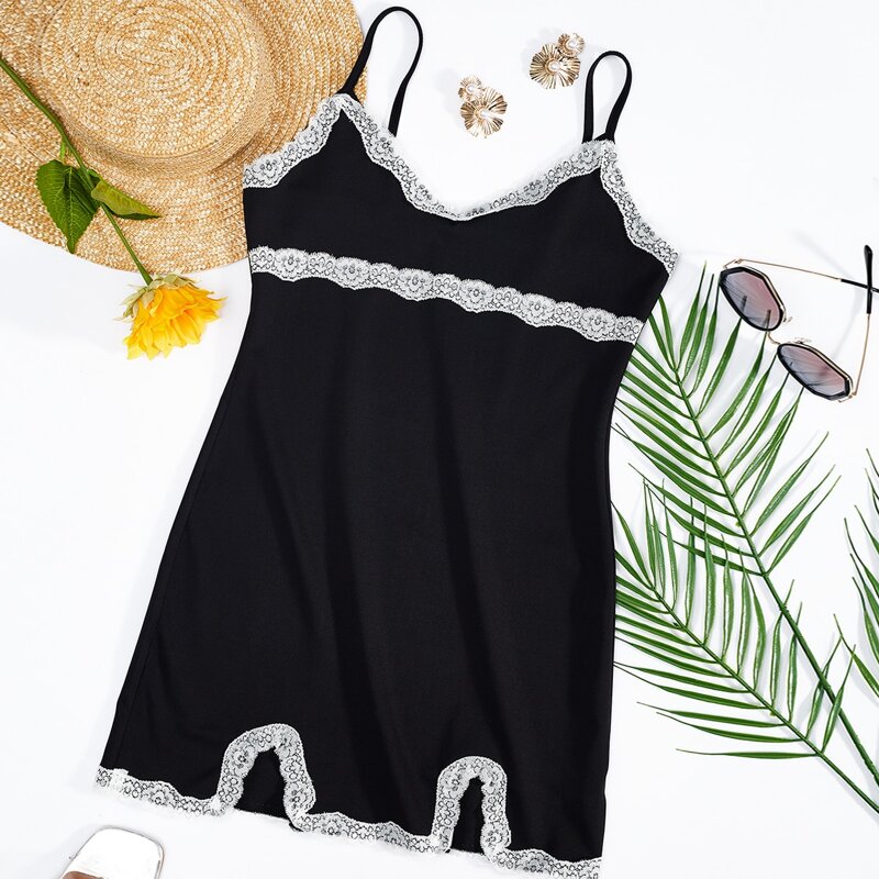 

Contrast Lace Cami Dress, Black