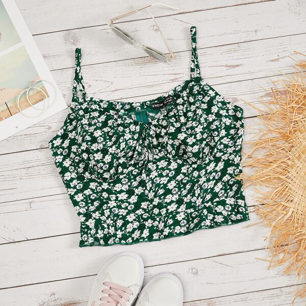 

Tie Front Ditsy Floral Print Cami Top, Dark green