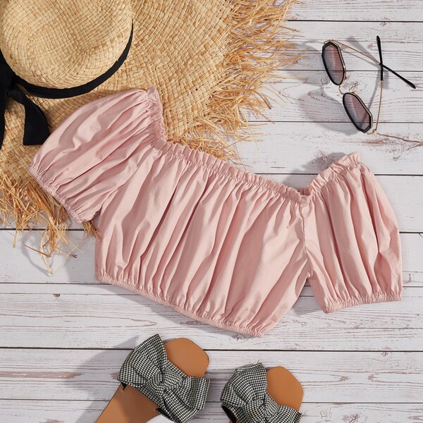 

Frill Trim Puff Sleeve Crop Top, Baby pink