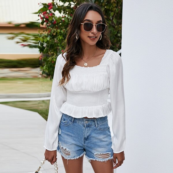 

Shirred Ruched Bust Milkmaid Blouse, White