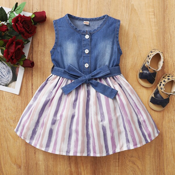

Baby Girl Striped Button Half Belted Dress, Multicolor
