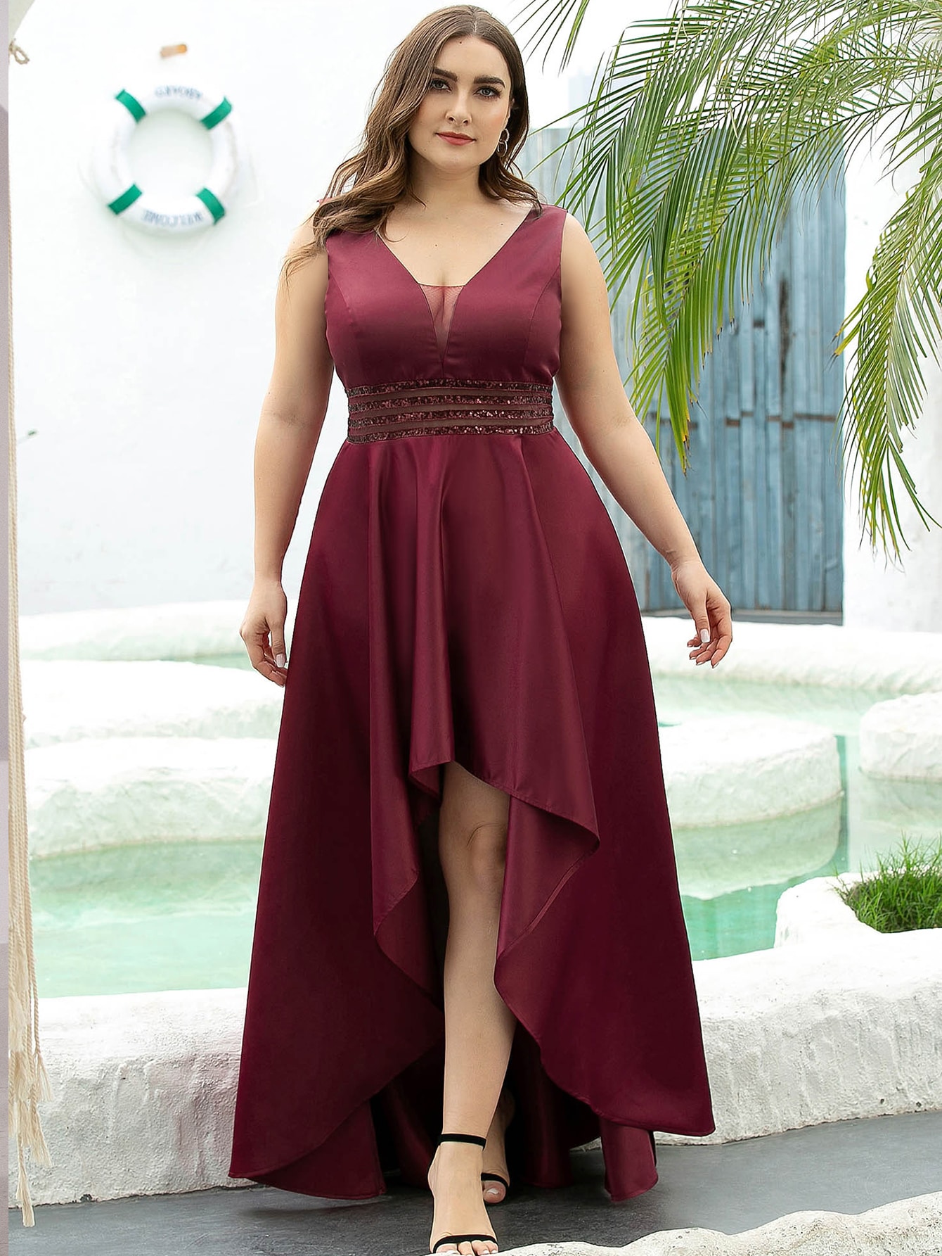 EVER-PRETTY Vestido de fiesta de satén irregular de cintura con diamante de  imitación doble escote V | Mode de Mujer | SHEIN España