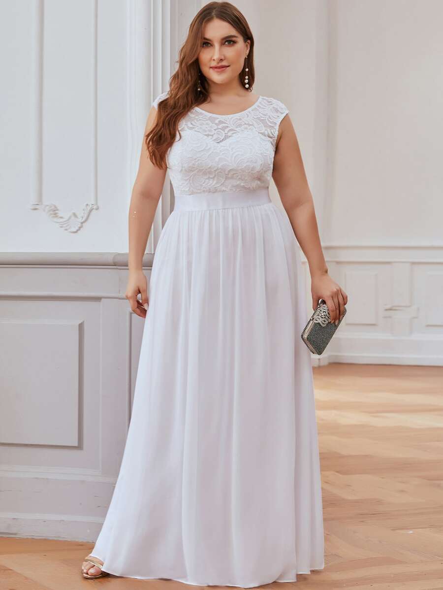 EVERPRETTY Plus V Back Lace Bodice Chiffon Wedding Dress - White - View 1